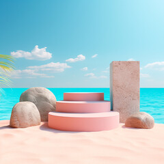 Obraz na płótnie Canvas Summer sand and tropical sea background with abstract stone podium. Made with generative ai