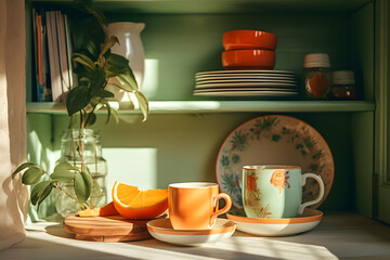 Vintage plates and cups with tea and coffee in the green retro kitchen, sunny morning breakfast at home