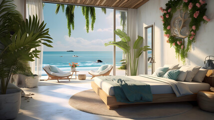 Fototapeta premium Tropical resort bedroom, interior in light colors, panoramic windows and sea view, luxury relaxation