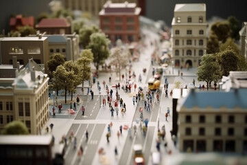 Obraz premium 住宅模型の町並みとミニチュアの群衆「AI生成画像」