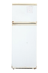 Old rusty refrigerator isolated on white background.