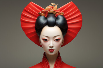 Portrait d'une geisha en habit rouge style cartoon caricature &raquo; IA g&eacute;n&eacute;rative