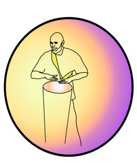 Isolated digital image of a charming musician for print or tattoo. Expressive linear male profile. Portrait of a brutal smiling man with long shiny drum on a sunny orange-purple rounded background.