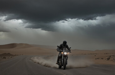 Motard roulant dans le désert pendant une tempête 