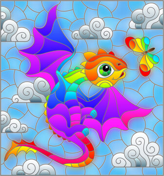 Stained glass illustration with bright rainbow cartoon dragon against a cloudy blue cloudy  sky, rectangular image