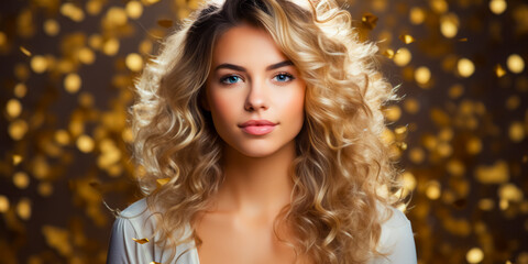 beauty blond young woman with curly hair on golden glitter background. hairstyle concept. free space