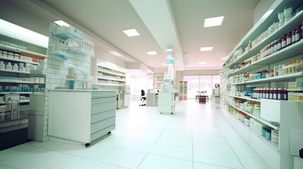 Pharmacy Interior, medicine cabinet and store medicine and pharmacy drugstore for Blurry background. Generative Ai