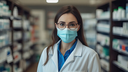 Fototapeta na wymiar Portrait of a female pharmacist with protective mask on her face working at pharmacy. Medical healthcare concept. Generative Ai