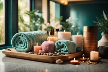 Spa composition with sea salt, candles and towels on light background
