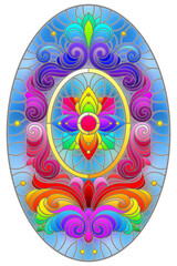 Illustration in stained glass style with abstract  swirls,flowers and leaves  on a blue background,vertical orientation, oval image