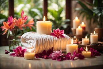 Spa composition with sea salt, candles and towels on light background