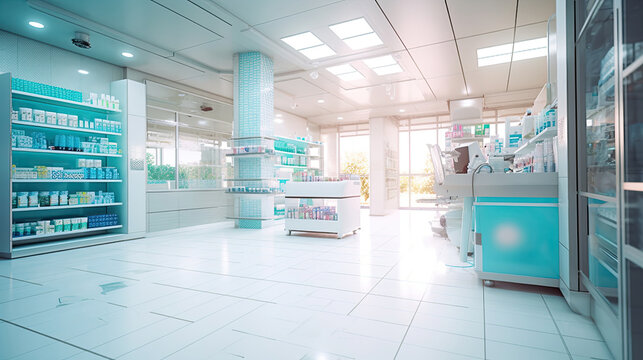 Pharmacy Interior, medicine cabinet and store medicine and pharmacy drugstore for Blurry background. Generative Ai