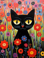 Colorful decorative black cat in a flower meadow, primitive folk art