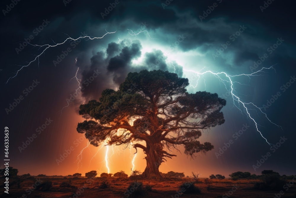 Aufkleber A tree in nature with clouds in the sky and lightning.