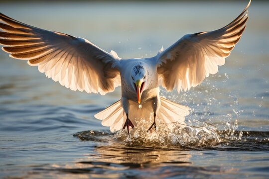 A seagull flies above the surface of the water.