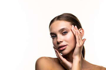 Portrait of young beautiful woman with perfect smooth skin isolated over white background. Facebuilding.