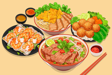 Vietnamese food menu banner vector. Pho vietnamese noodle. Fresh spring rolls with shrimp (Gỏi Cuốn). Vietnam meatball (Bún Chả). Vietnam noodles rice crackers (Cao lầu). Vietnamese food illustration.