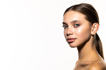 Fototapeta premium Beautiful woman with perfect makeup on white background. Beauty and skin care concept