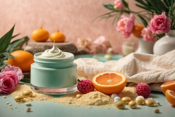 Obraz na płótnie Canvas Cosmetic cream with fresh oranges and flowers on a turquoise background 