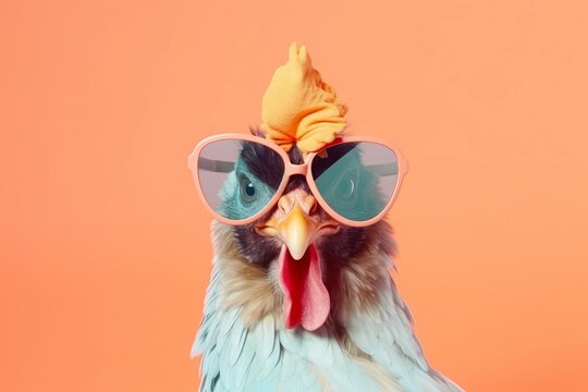 Chicken sunglasses pastel background. Generate Ai