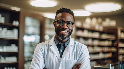 Professional Confident Black Pharmacist Wearing Lab Coat and Glasses, Crosses Arms and Looks at Camera Smiling Charmingly in a pharmacy store. Generative Ai