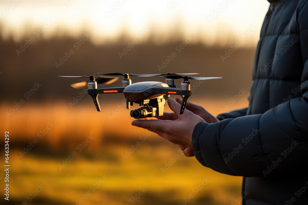 Poster hands of a man with a take-off quadcopter.