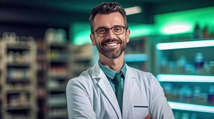 Fototapeta premium Smiling portrait of a handsome pharmacist in a pharmacy store. Generative Ai