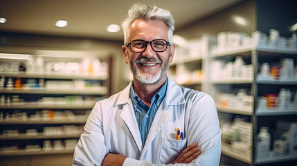 Smiling portrait of a handsome pharmacist in a pharmacy store. Generative Ai