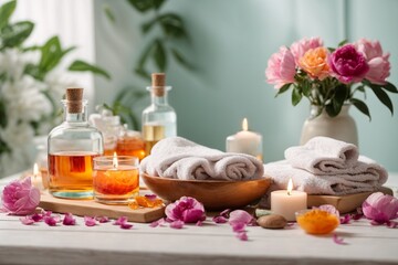 Spa still life with flowers, candles and towels on wooden table
