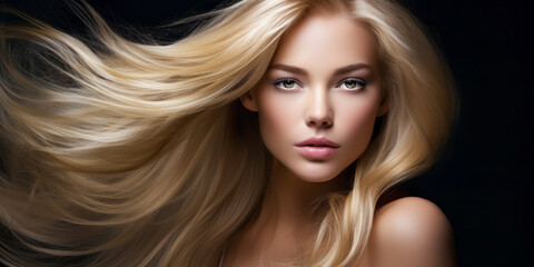 Beautiful young woman with healthy wavy long blonde hair. Hair Style, hair dye, hair care