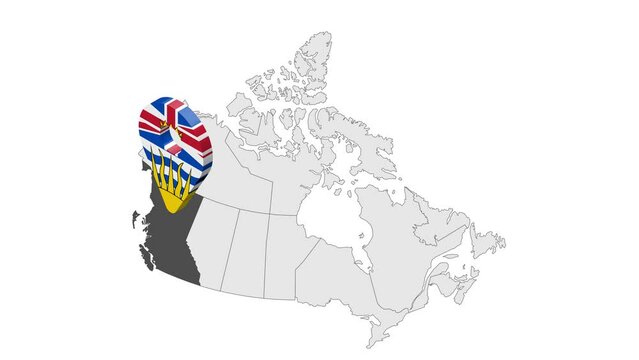 Location British Columbia on map Canada. 3d British Columbia flag map marker location pin. Map of  Canada showing different parts. Animated map Provinces of Canada. 4K.  Video