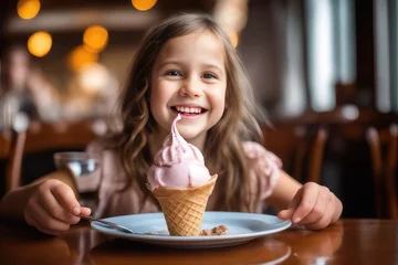 Zelfklevend Fotobehang child eating ice cream at cafe © drimerz