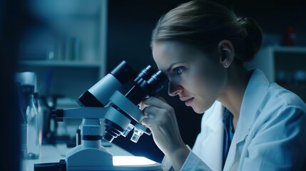 Female young interested biologist wearing in medical coat and protective gloves looks into a microscope and makes an innovative scientific discovery. Research scientist looks at the biological