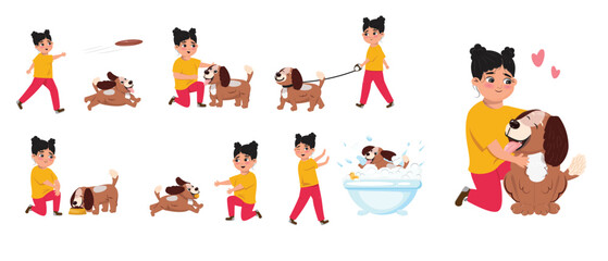 Set of illustrations with a girl and dog.  Friendship between people and animals