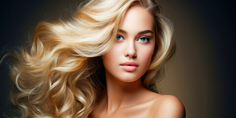 Fototapeta premium Beautiful young woman with healthy wavy long blonde hair. Hair Style, hair dye, hair care