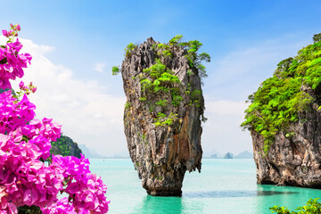  Travel photo of James Bond island with beautiful turquoise water in Phang Nga bay, Thailand. - obrazy, fototapety, plakaty