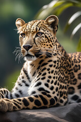 Fototapeta premium a leopard taking rest on the rock. Generated by AI tools.