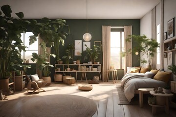 3D scene of a simple kids' room with a nature-inspired theme. Feature earthy tones, potted plants, and nature-themed decor to create a soothing and nature-inspired atmosphere