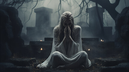 Scary sad prying blond ghost girl in the cemetary- horror theme