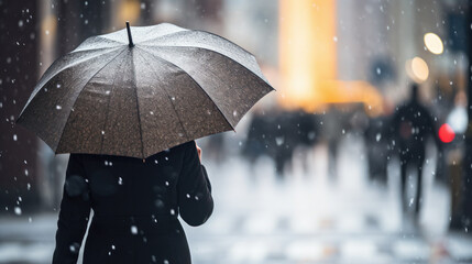 woman walking on street on snowy day with umbrella. snow, winter and cold concepts