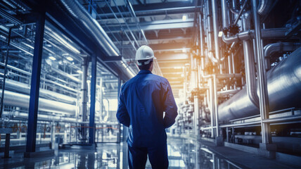 Fototapeta premium worker on industrial factory or refinery with pipelines