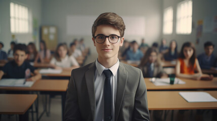 Fototapeta premium Captivating Classroom Portraits: Brown-Haired Student's Confident Intelligence Shines Through in Educational Setting Photography.
