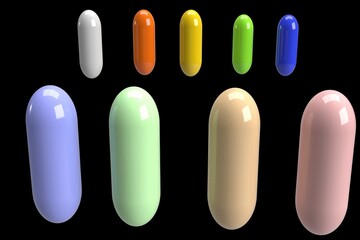 Obraz premium 3D Illustration: Set of tablet capsules - black background