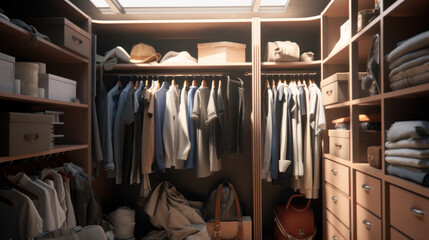 Organized Wardrobe: Neatly Stacked Clothing Piles in a Tidy Closet.