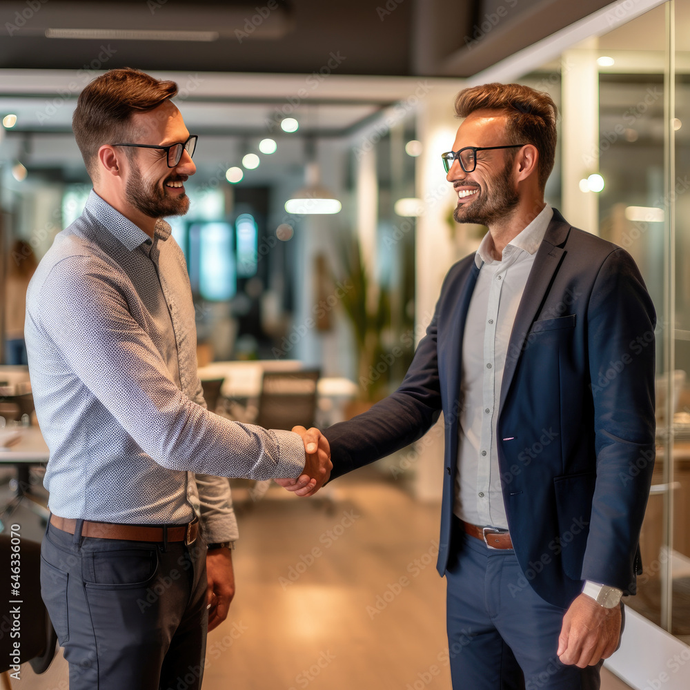 Wall mural successful collaboration business partners seal new partnership with a handshake in office