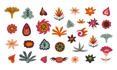 Folk Turkish, Indonesian style flowers set, Asian floral design elements. Oriental plants, flowers, water lilies, leaves