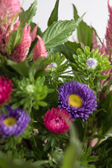 Close up of aster and pink celosia bouquet