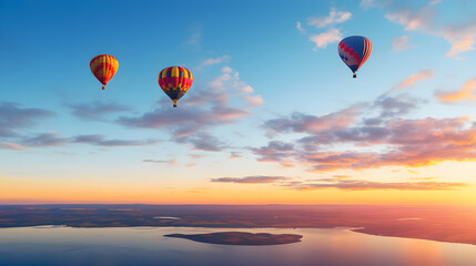 Fototapeta premium Captivating Aerial View of Colorful Hot Air Balloons Floating Against Sunset Sky.