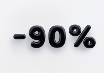 Black 3D discount sign minus 90 percent on a white background.