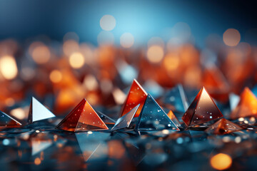 3d rendering of blue crystals in abstract background with bokeh lights